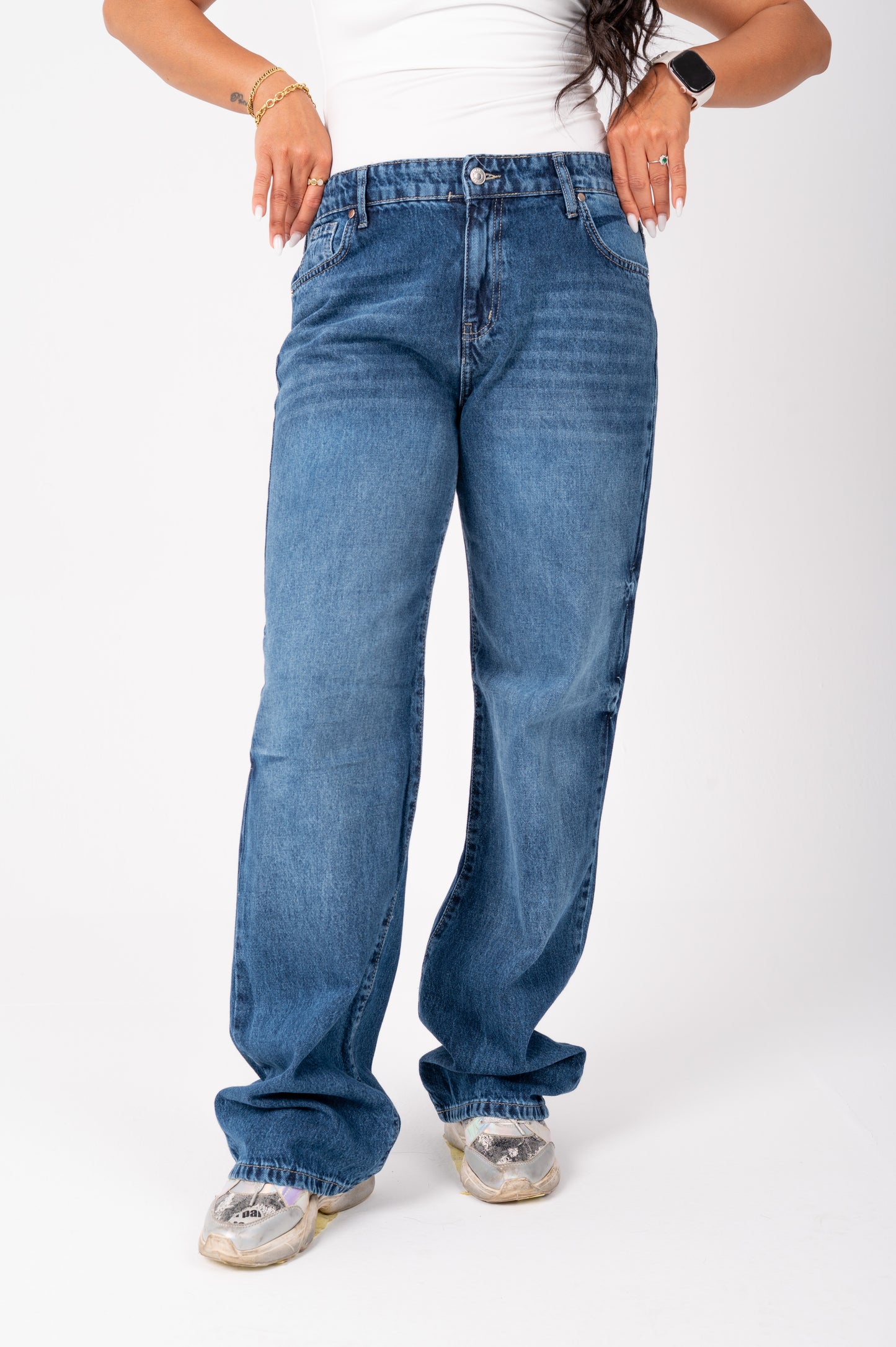 Wide leg jeans with back studded dark blue