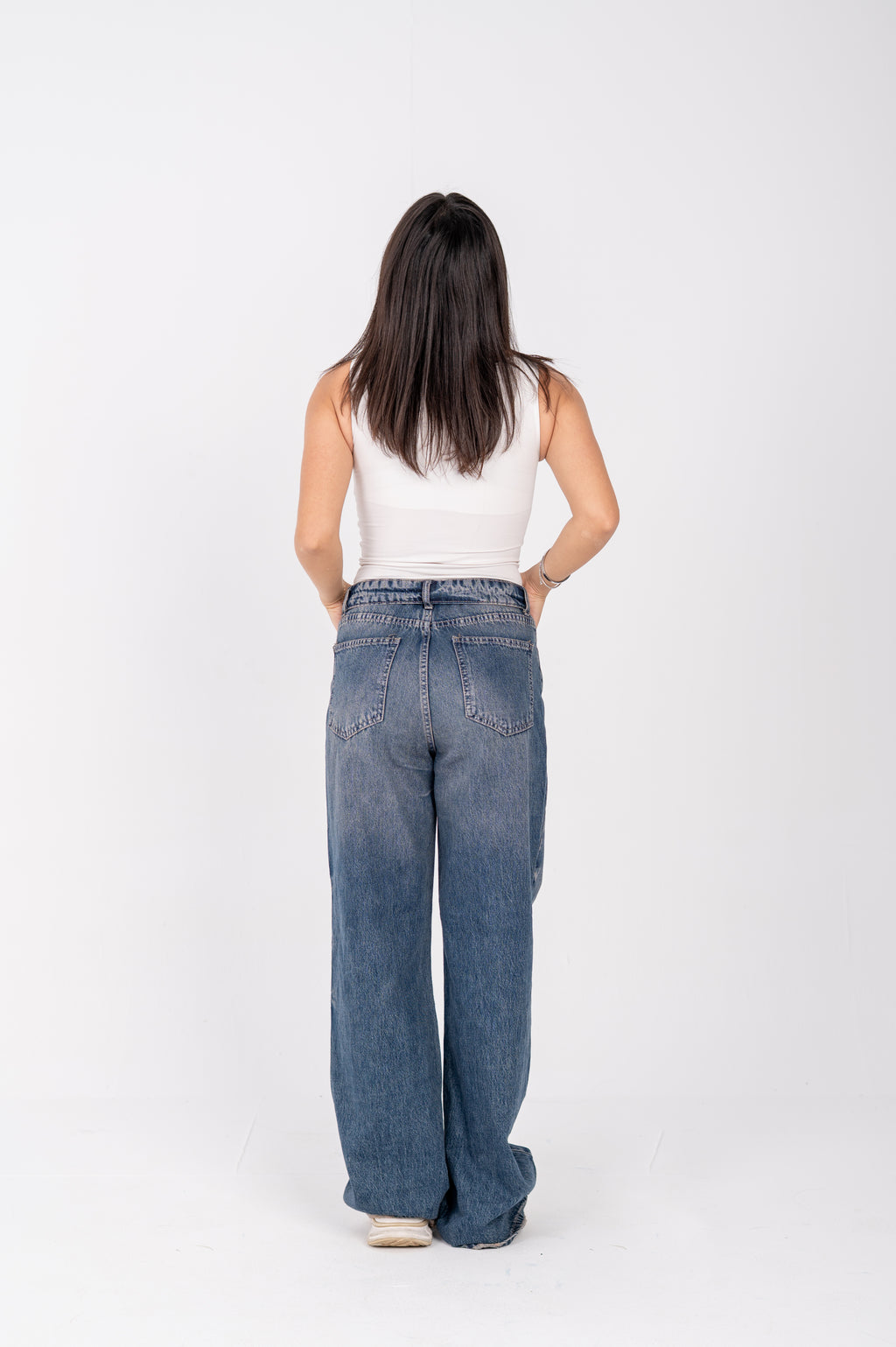 Folded waist wide leg jeans dark blue