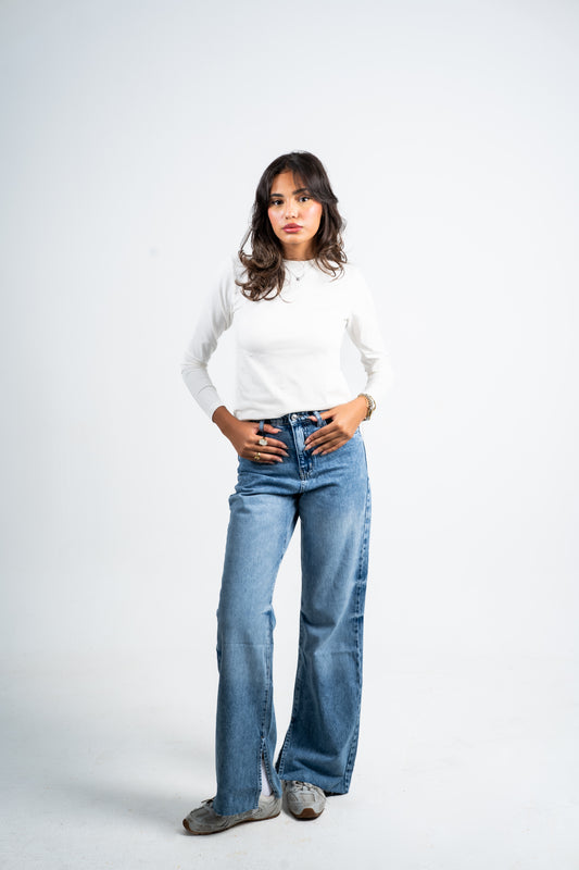 Side slit straight jeans mid blue