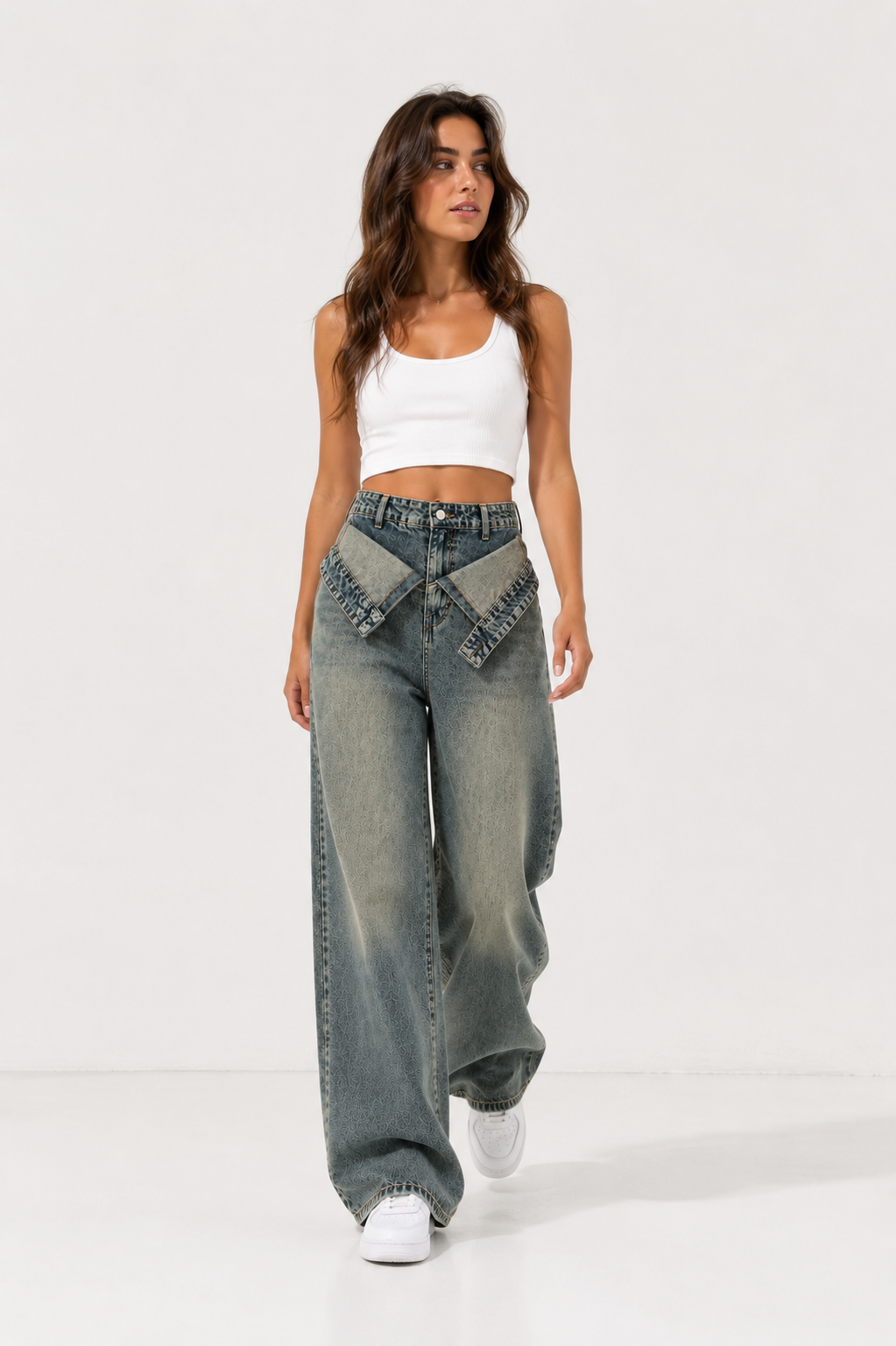 Foldover waist wide leg jeans dirty vintage