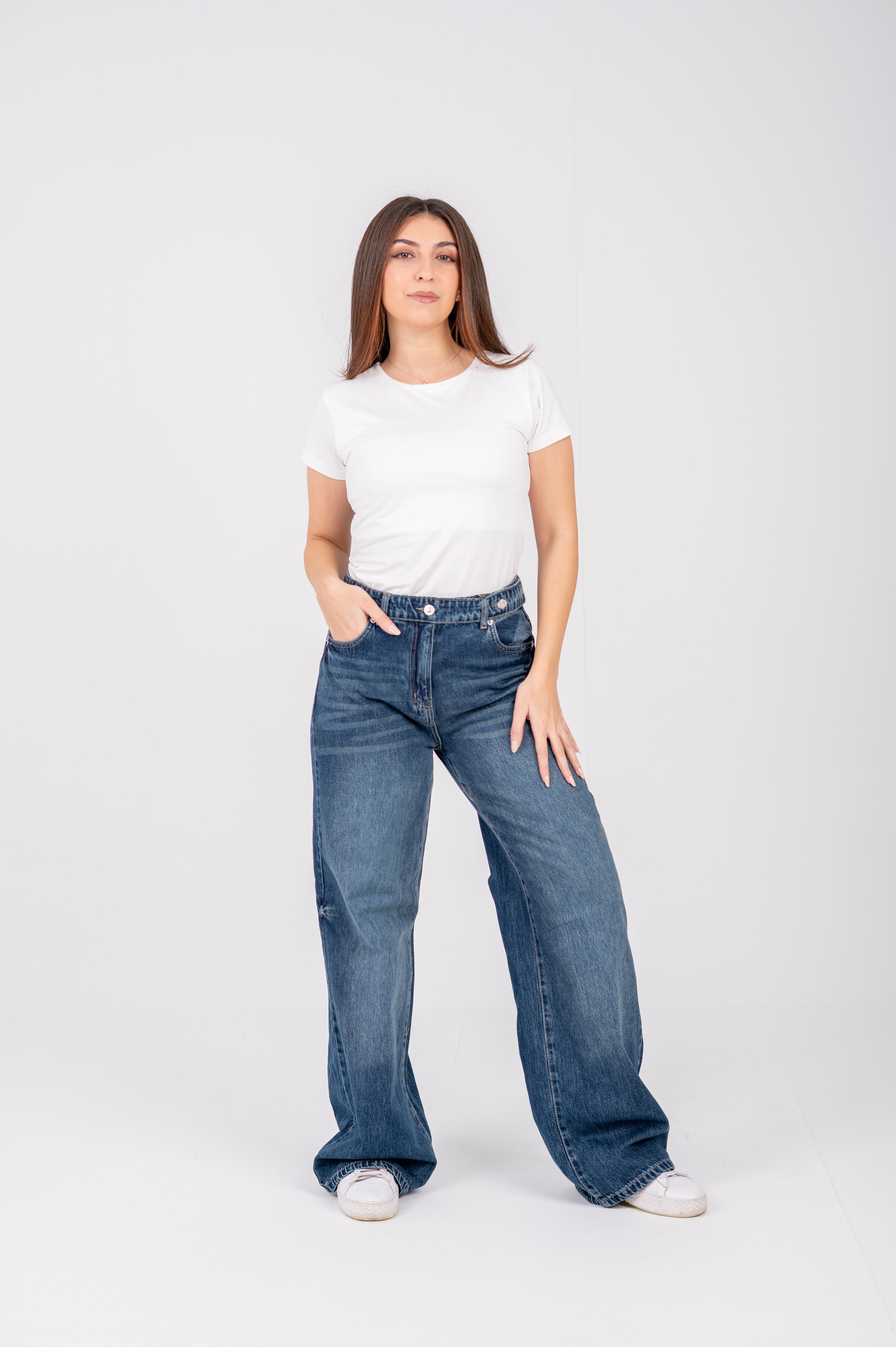 Wide leg jeans with attached belt navy washed