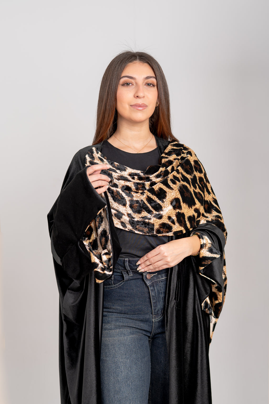 Velvet Long Cardigan with Tiger Scarf