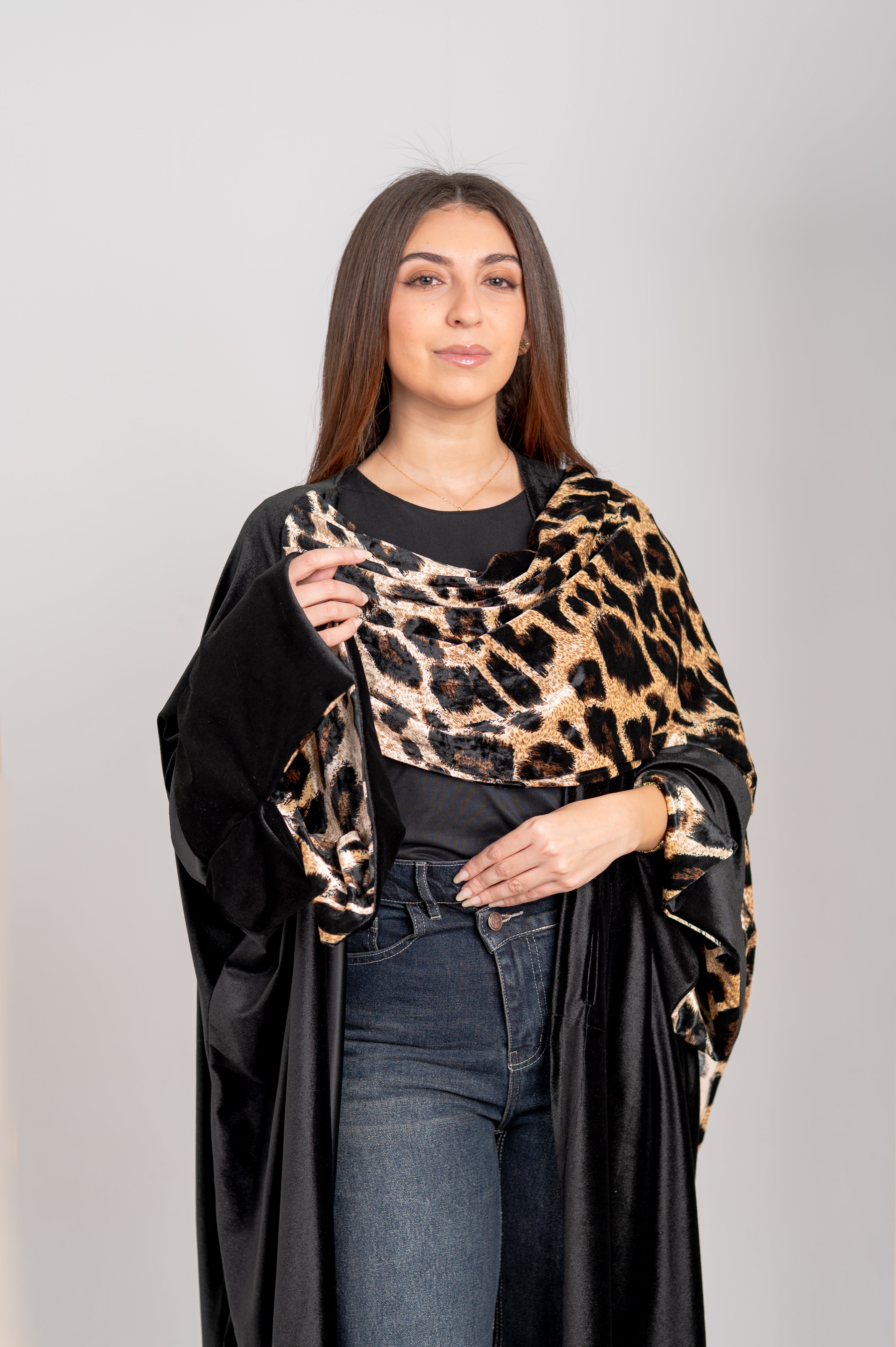 Velvet Long Cardigan with Tiger Scarf
