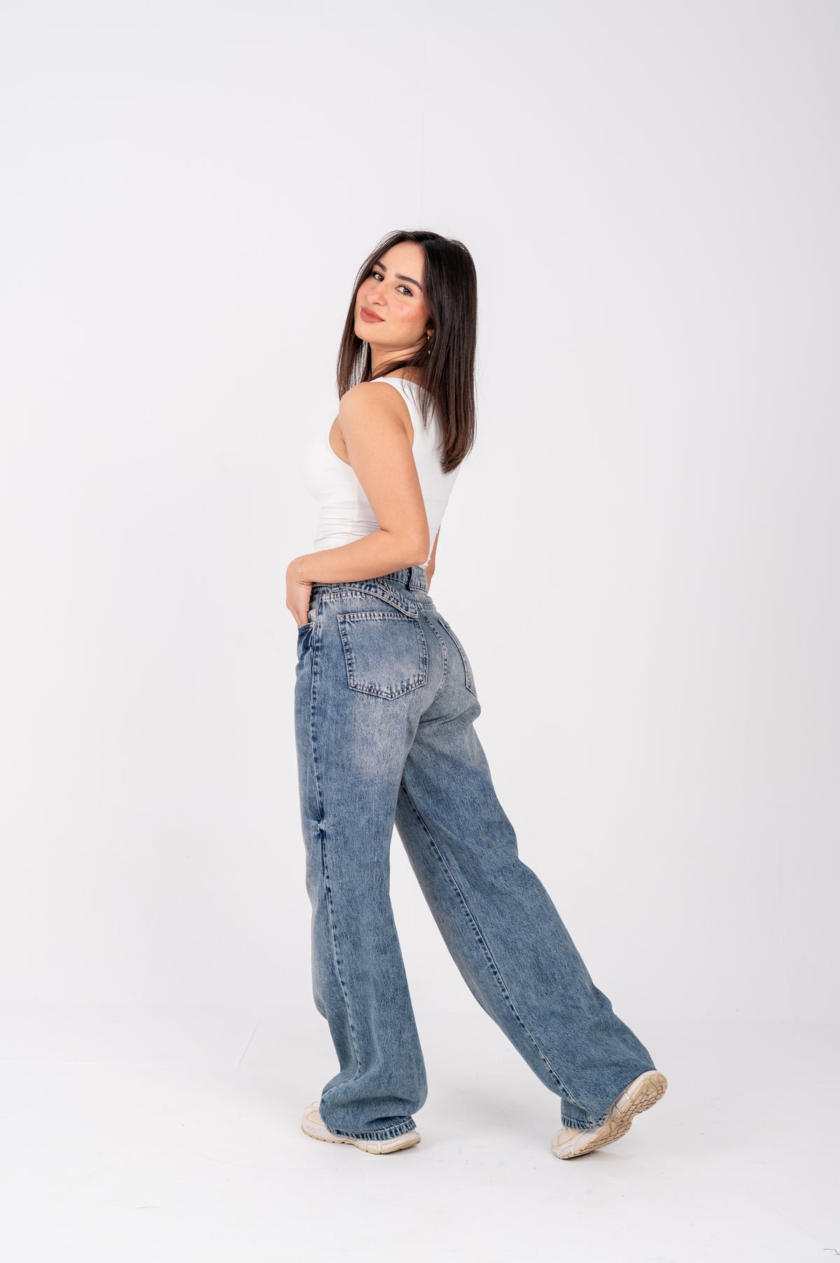 Wide leg jeans with attached belt mid blue washed