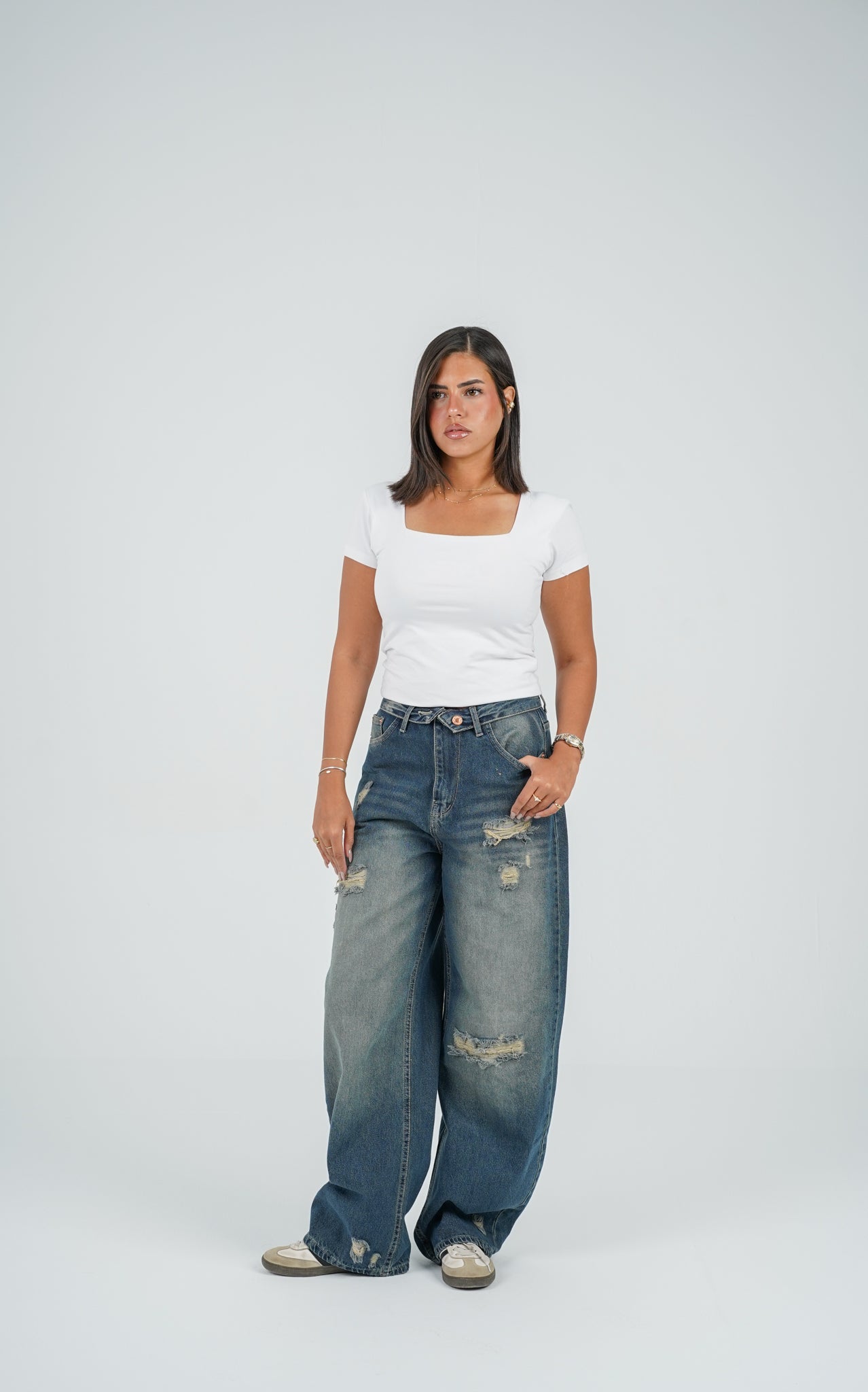Folded waist barrel jeans vintage washed