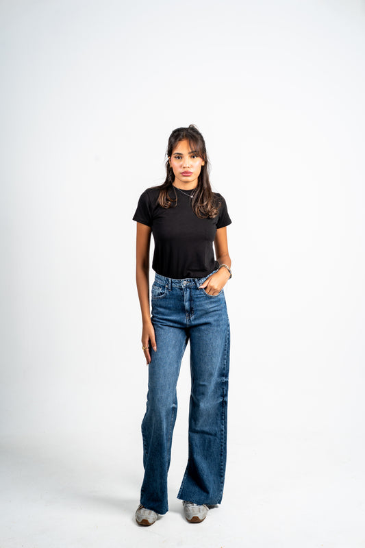 Side slit straight jeans dark blue