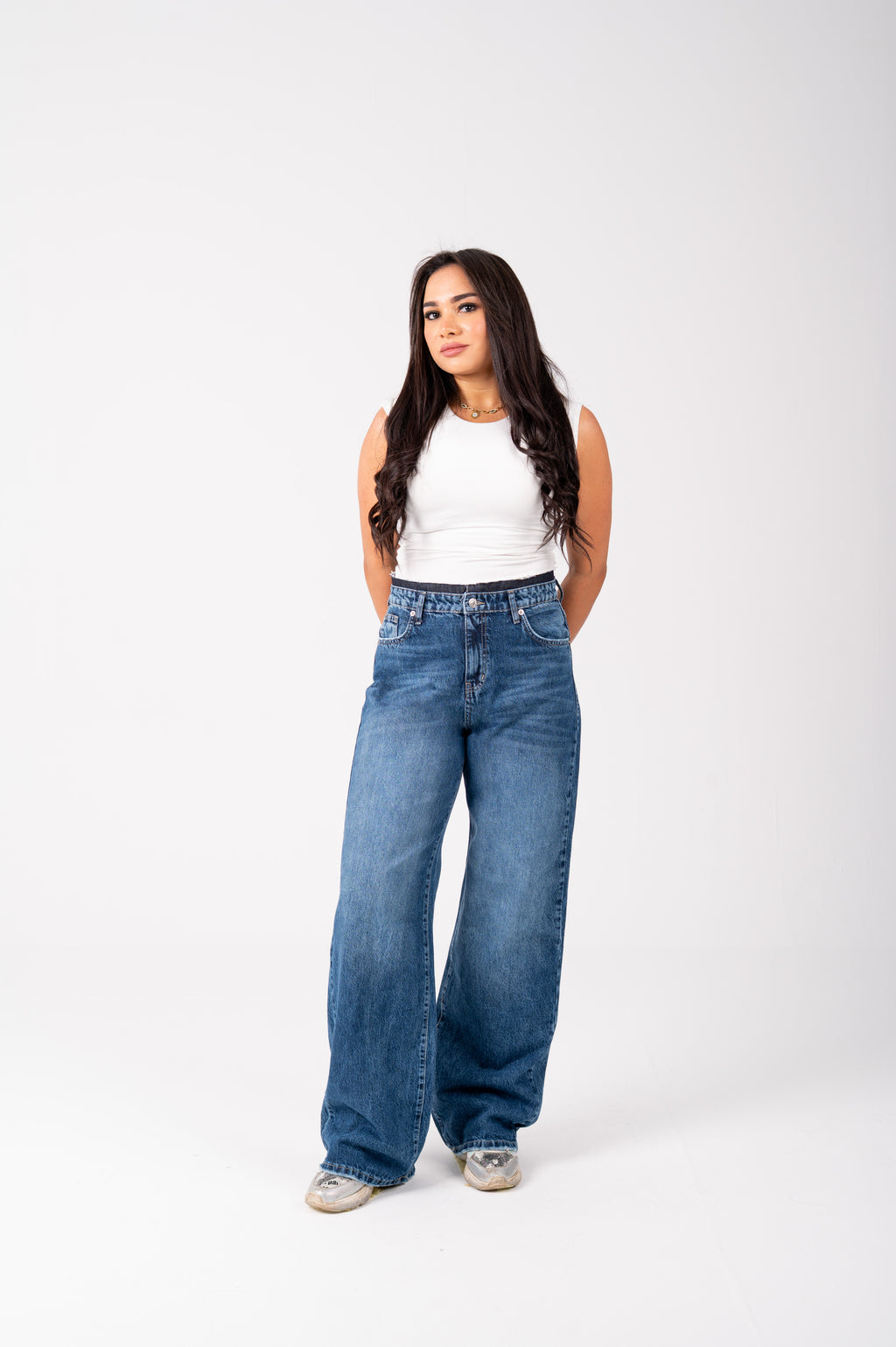 Wide Leg Jeans with Exposed Inner Waistband dark blue