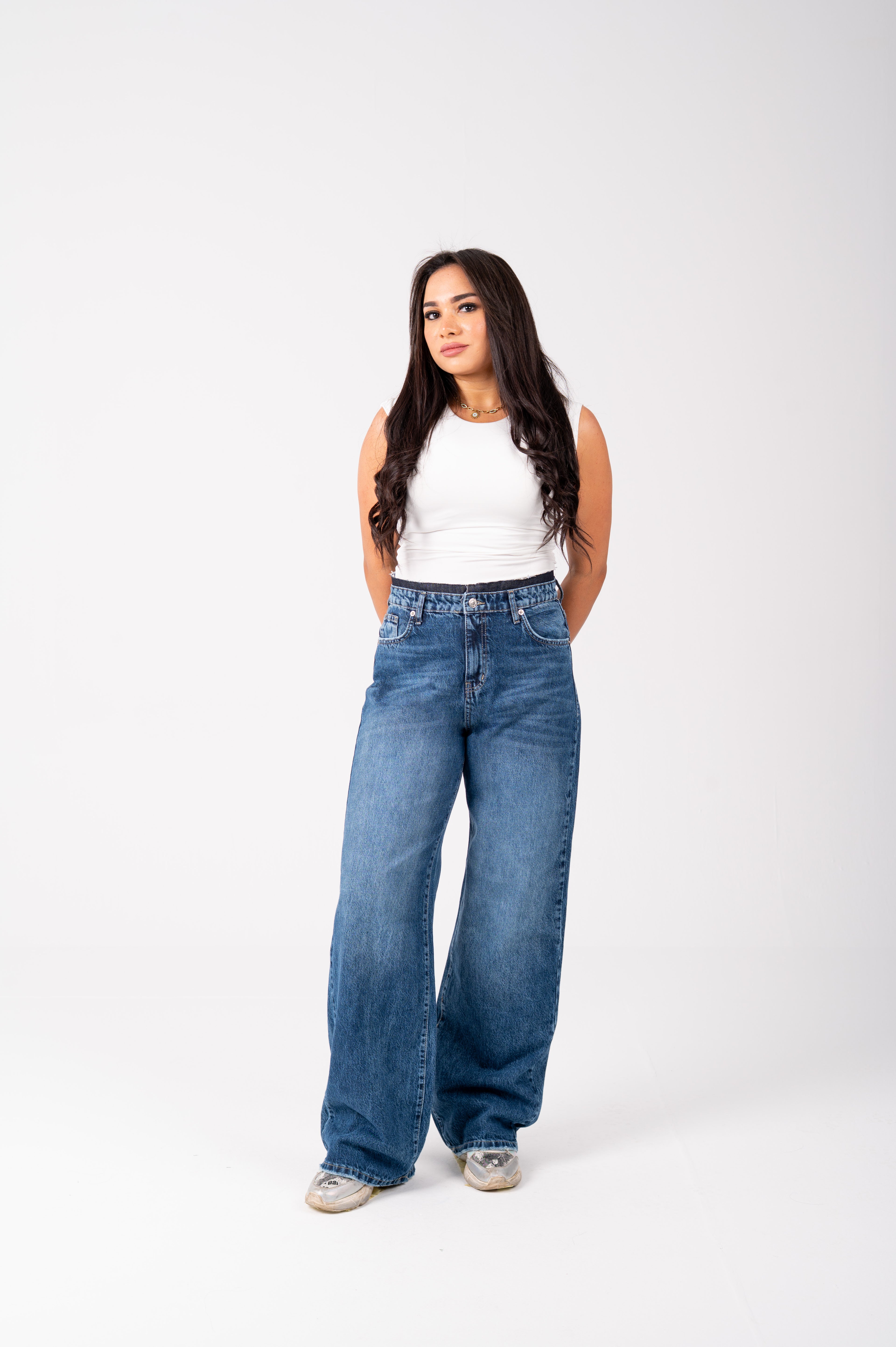 Wide Leg Jeans with Exposed Inner Waistband dark blue