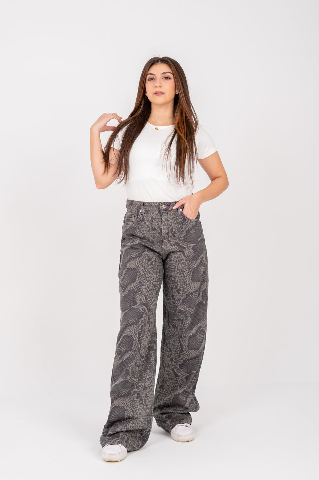 Snake Print Wide-Leg Jeans beige