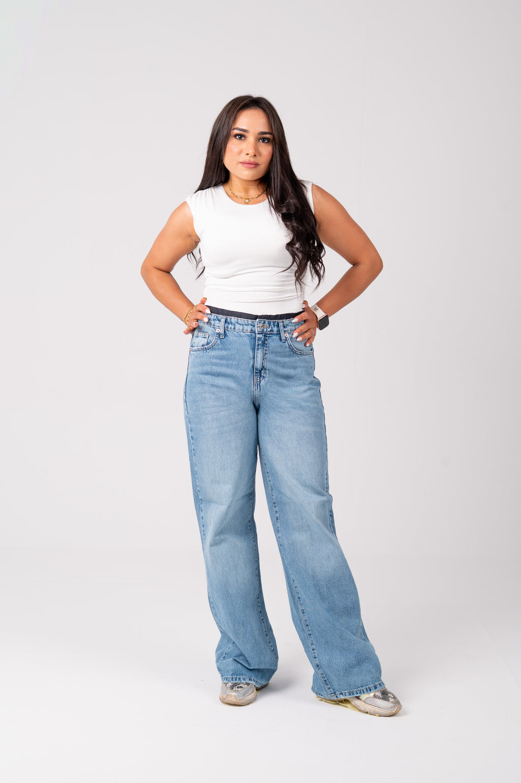 Wide Leg Jeans with Exposed Inner Waistband light blue
