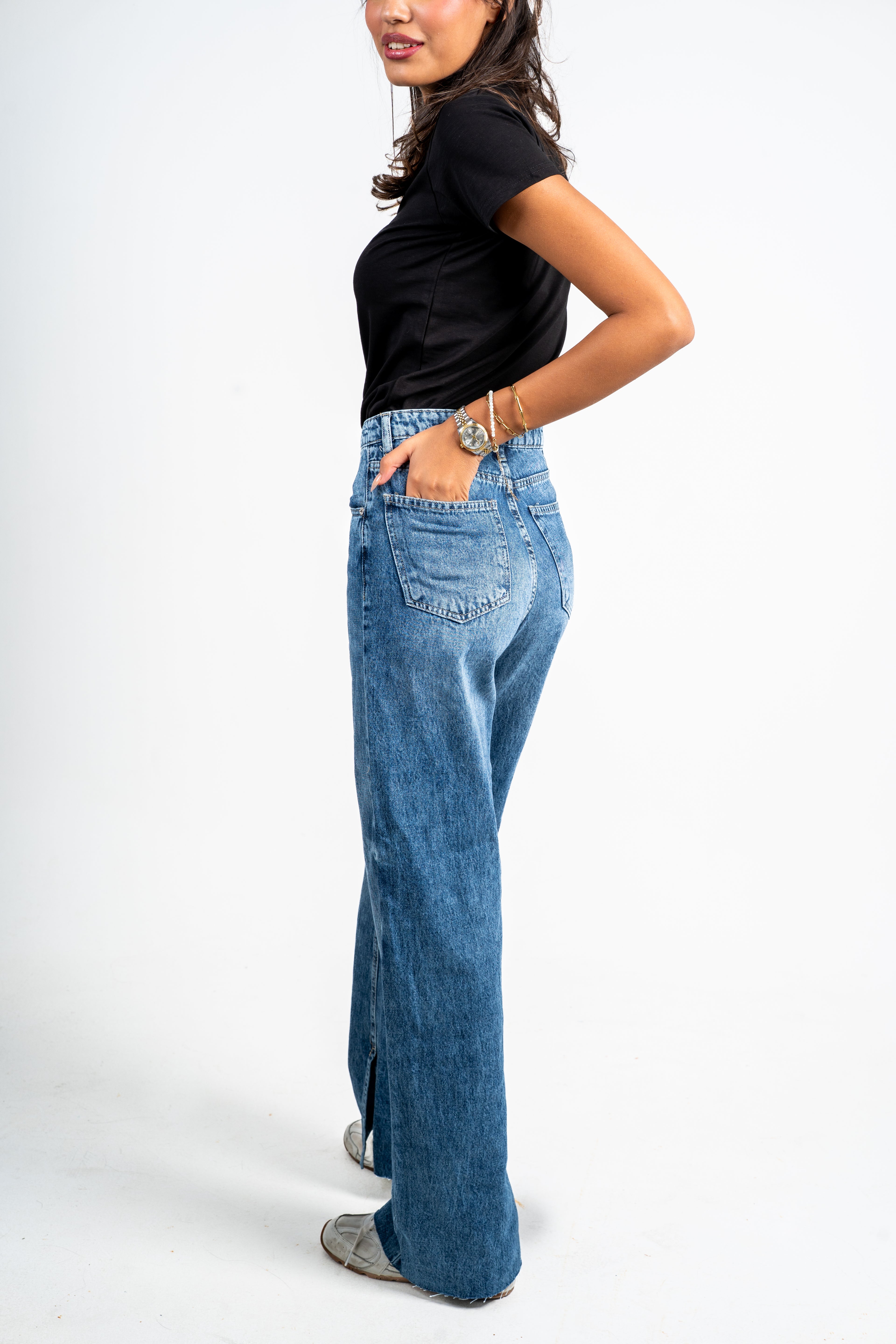 Side slit straight jeans dark blue