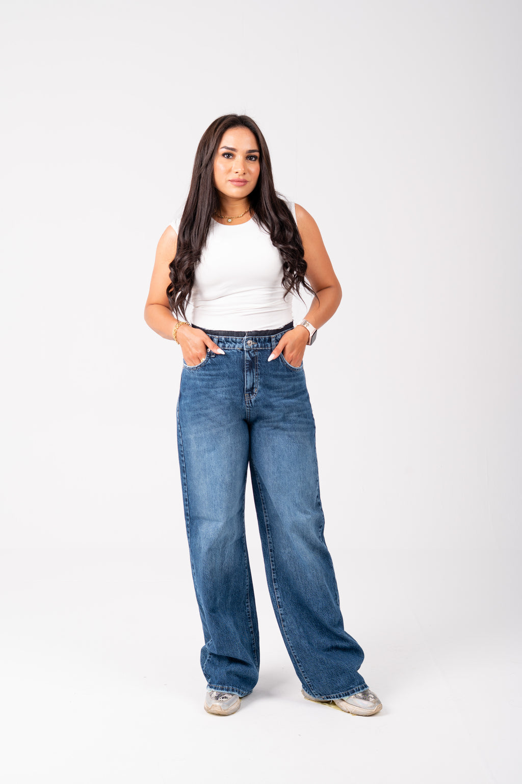 Wide Leg Jeans with Exposed Inner Waistband dark blue