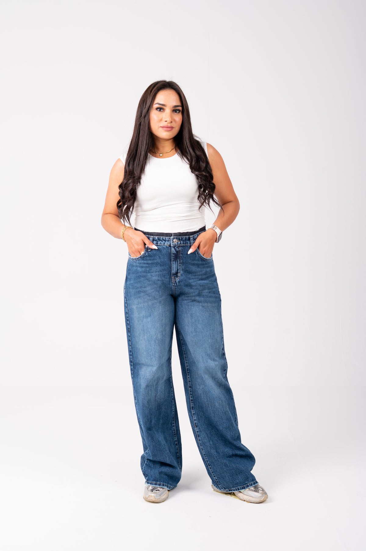 Wide Leg Jeans with Exposed Inner Waistband dark blue