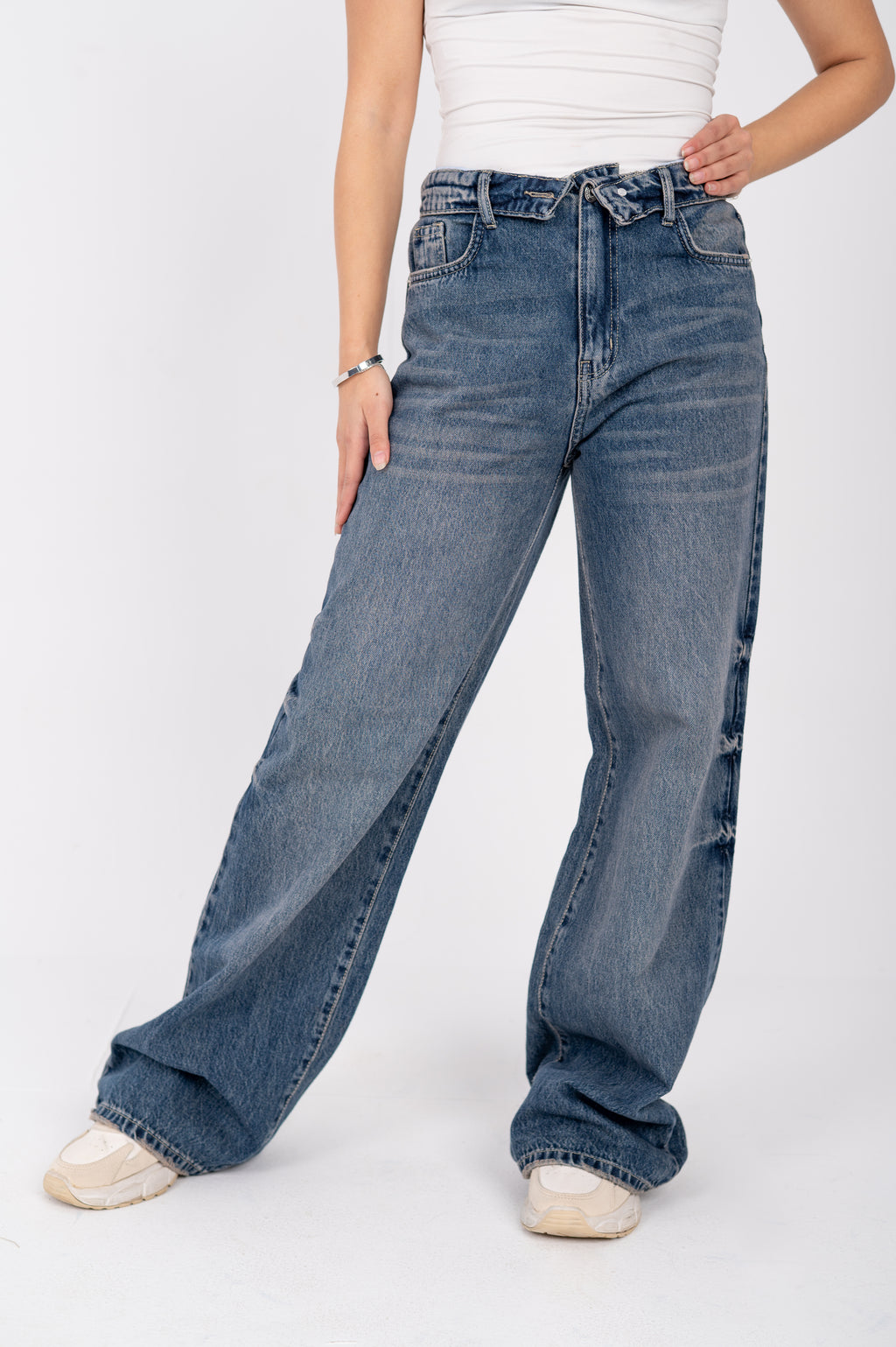 Folded waist wide leg jeans dark blue