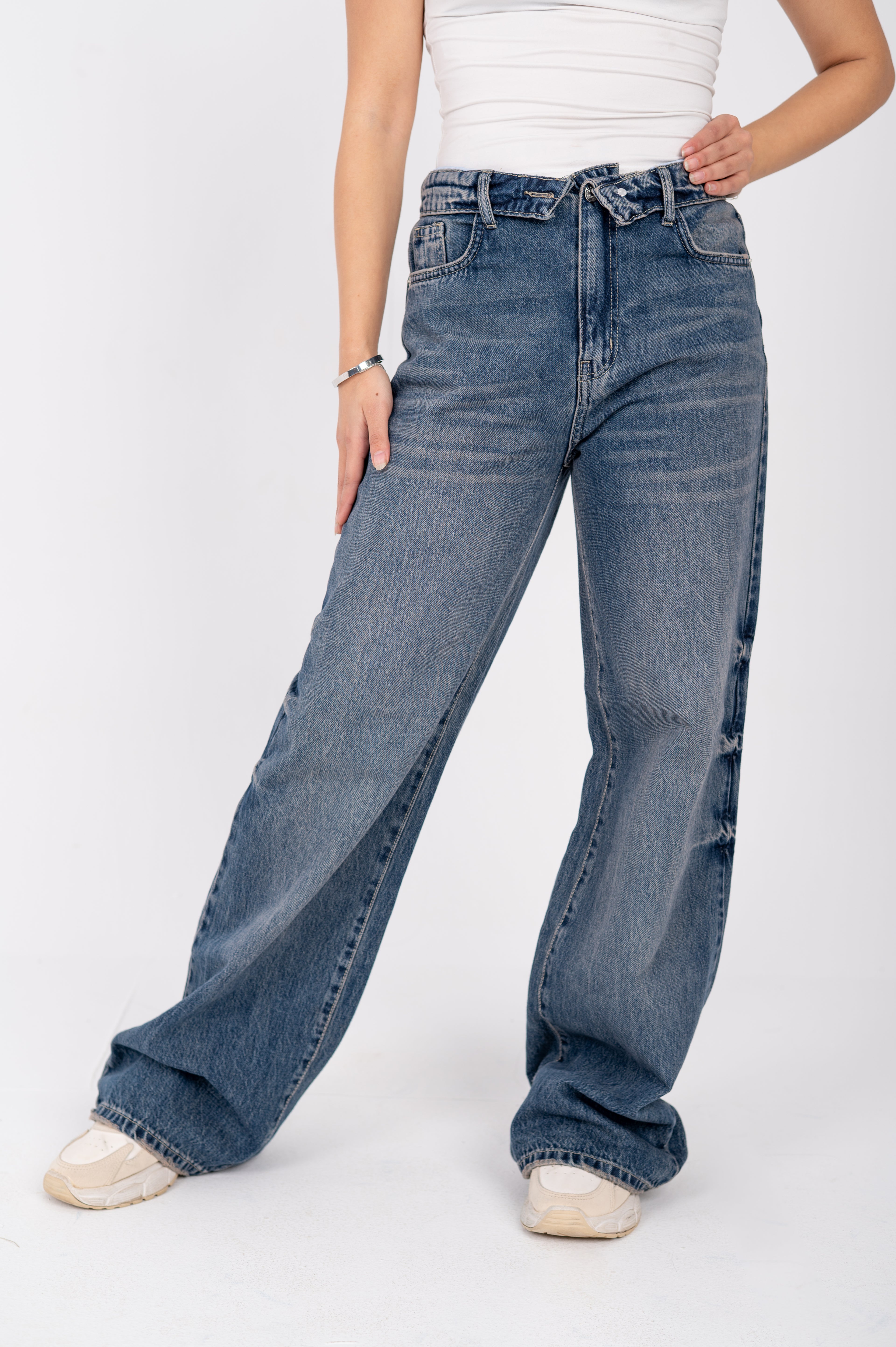 Folded waist wide leg jeans dark blue