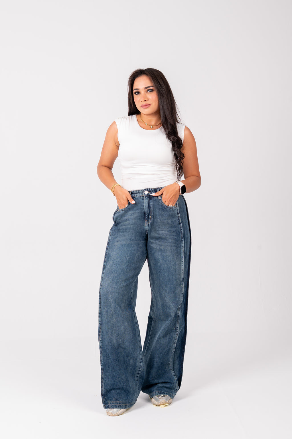 Side Panel wide leg jeans navy washed