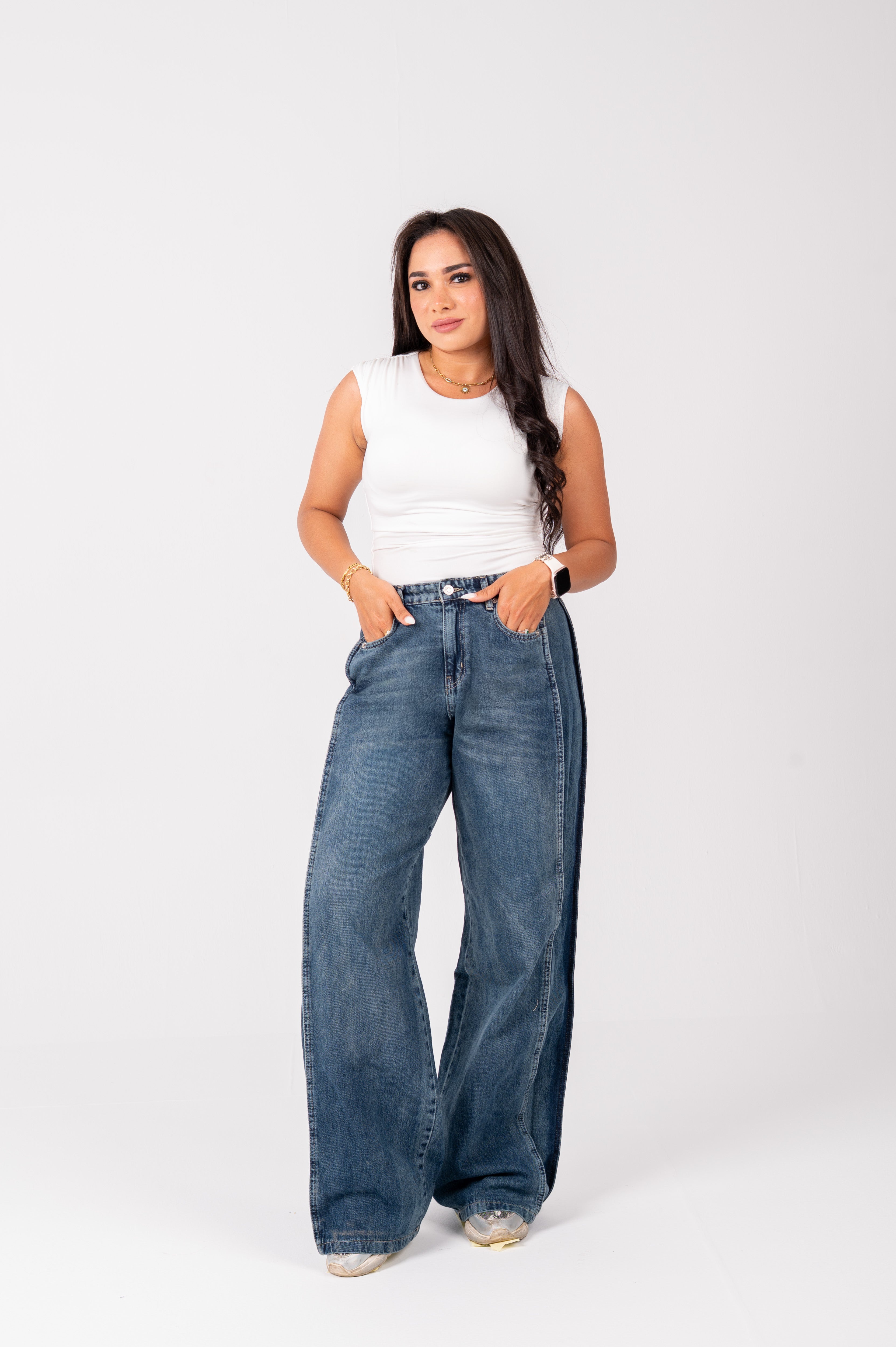 Side Panel wide leg jeans navy washed