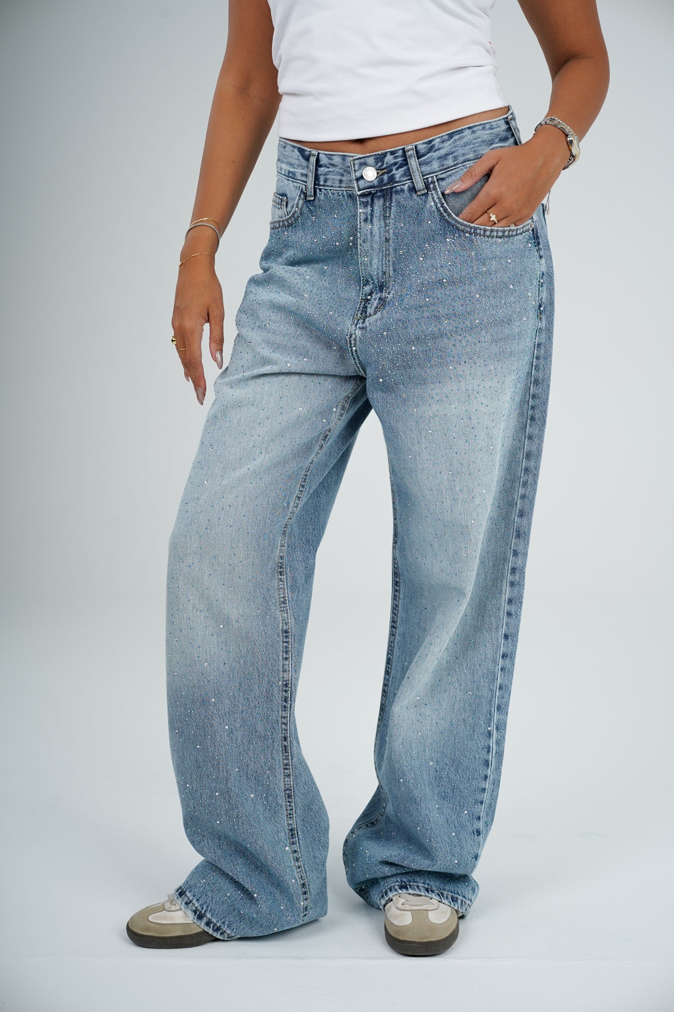 Strass wide leg jeans light blue