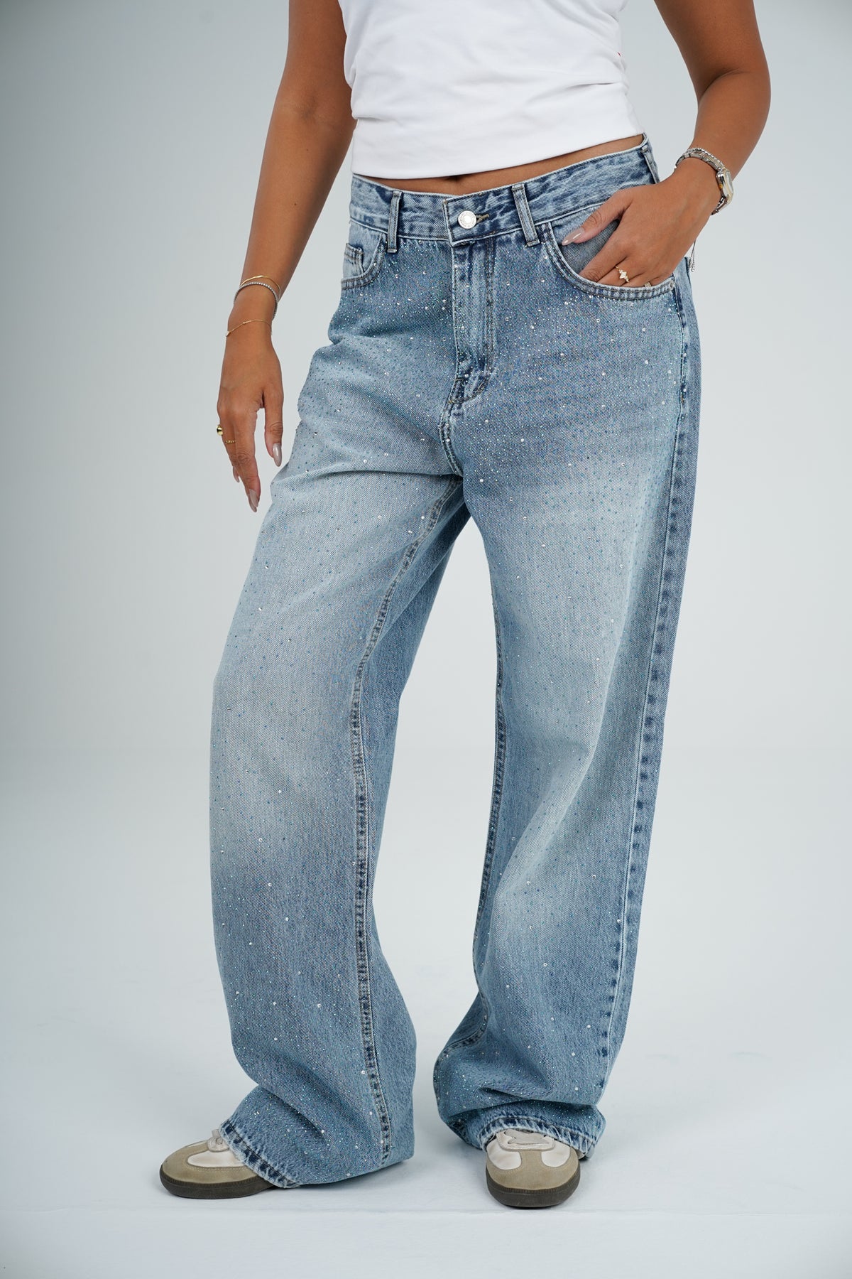 Strass wide leg jeans light blue