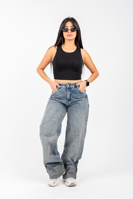 Cuffed wide leg jeans light blue