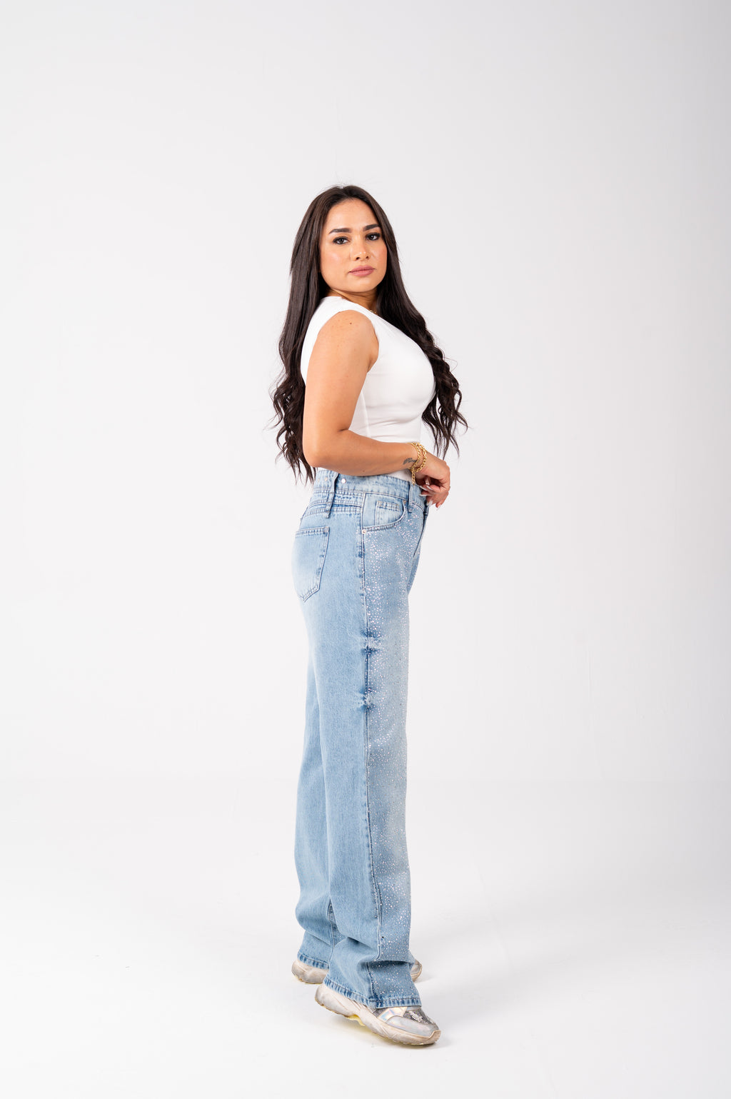 Wide leg Strass jeans with a back studded light blue