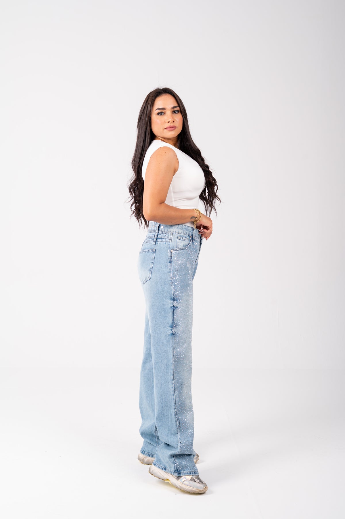 Wide leg Strass jeans with a back studded light blue