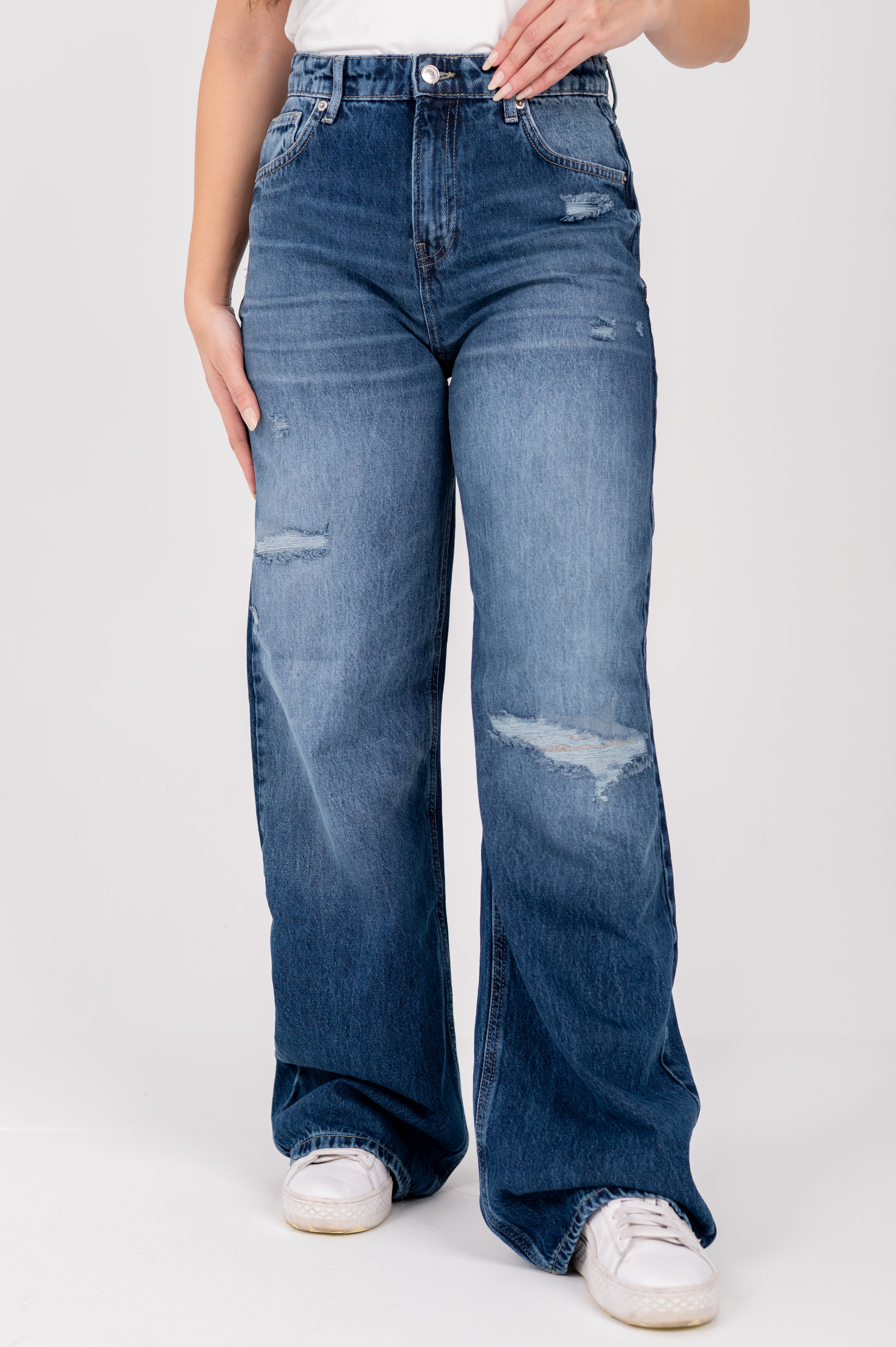 Wide leg covered-cutting jeans dark blue