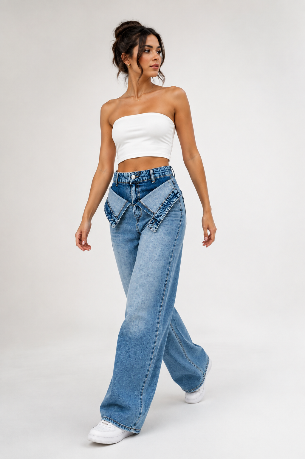 Foldover waist wide leg jeans Dark blue
