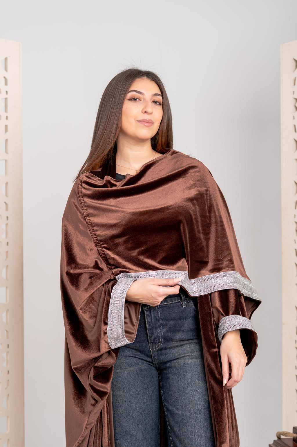 Chocolate Velvet Open Cardigan with Silver Trim & Matching Scarf