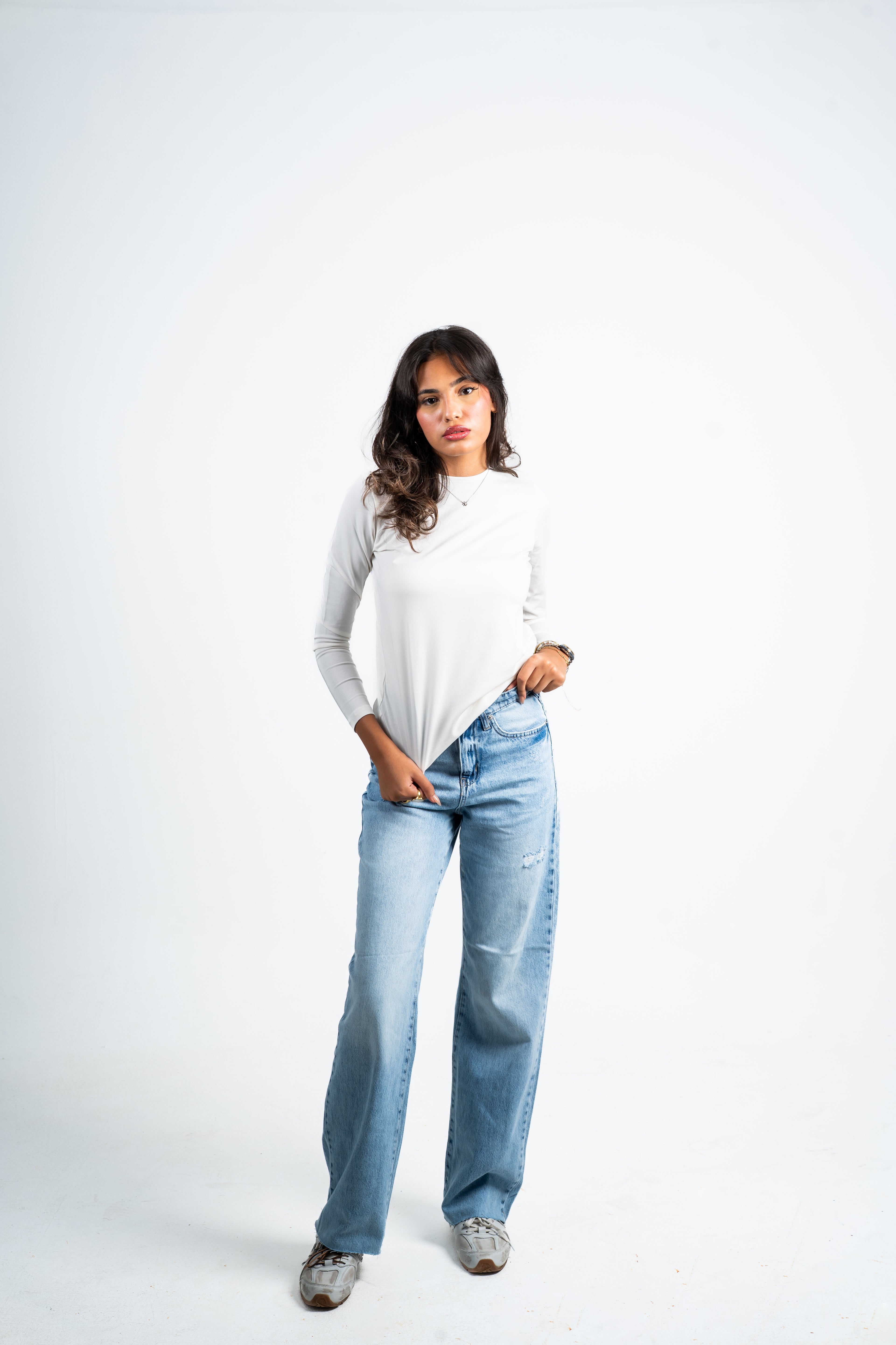 Straight unfinished jeans.