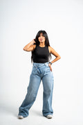 Wide leg two buttons light blue.