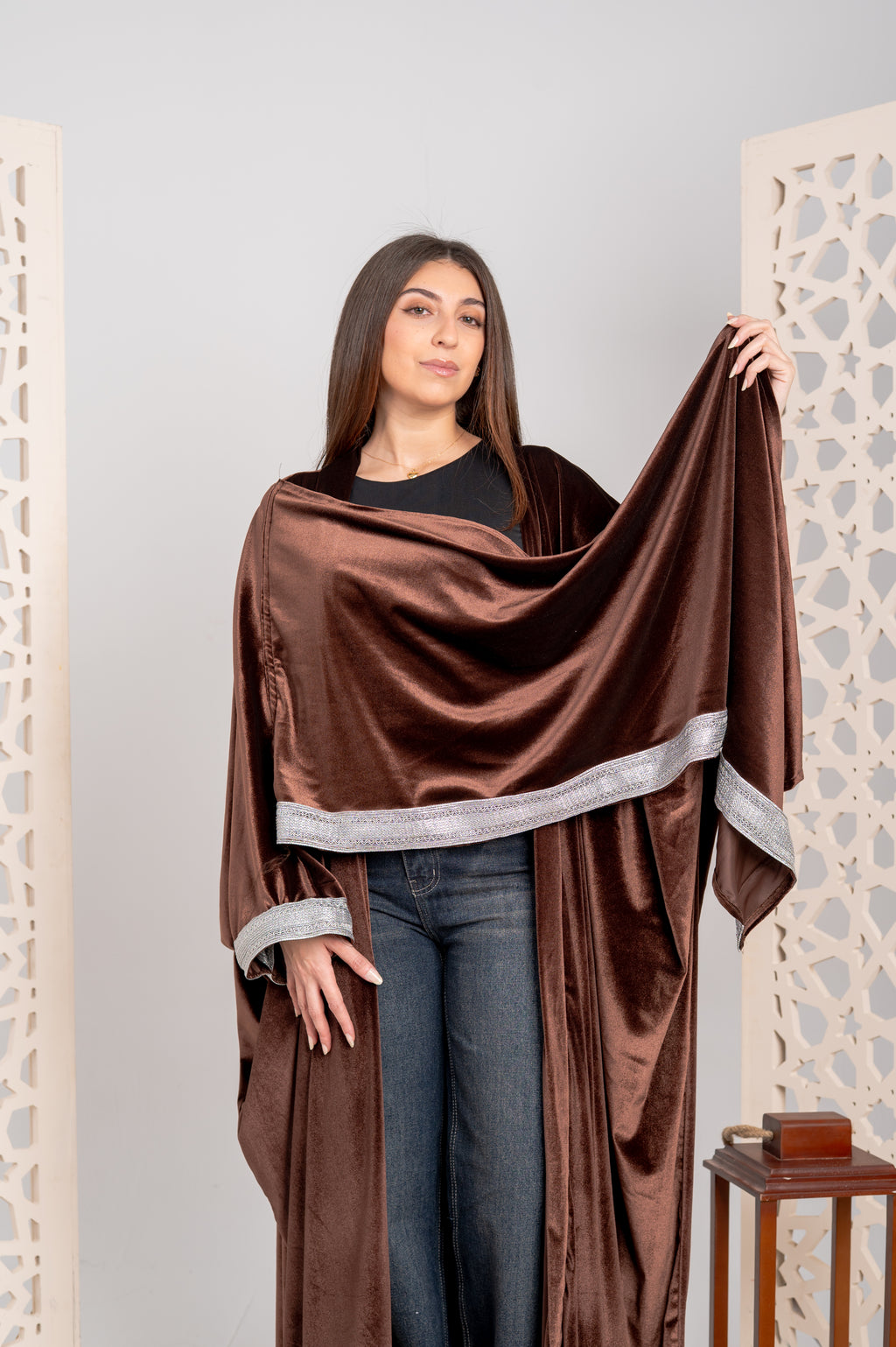 Chocolate Velvet Open Cardigan with Silver Trim & Matching Scarf