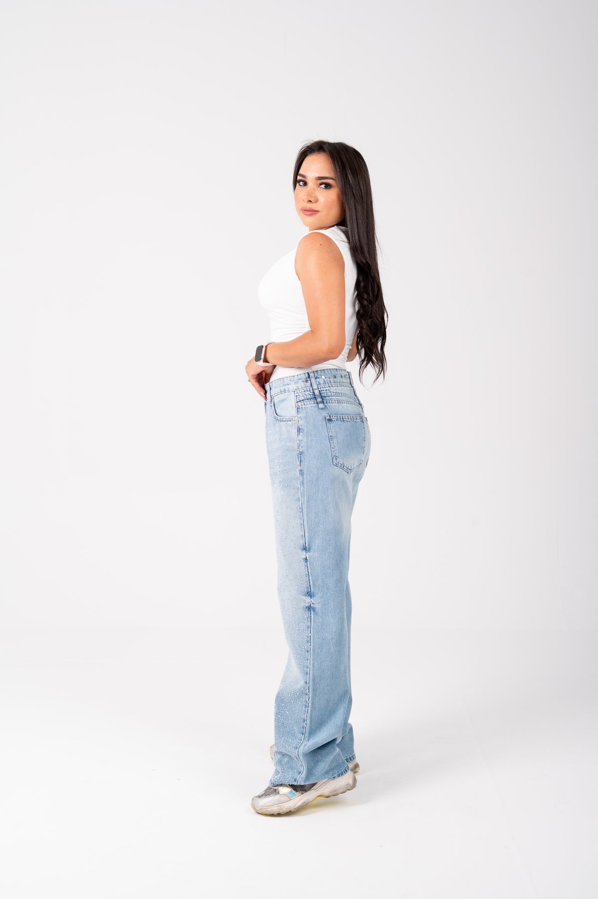 Wide leg Strass jeans with a back studded light blue