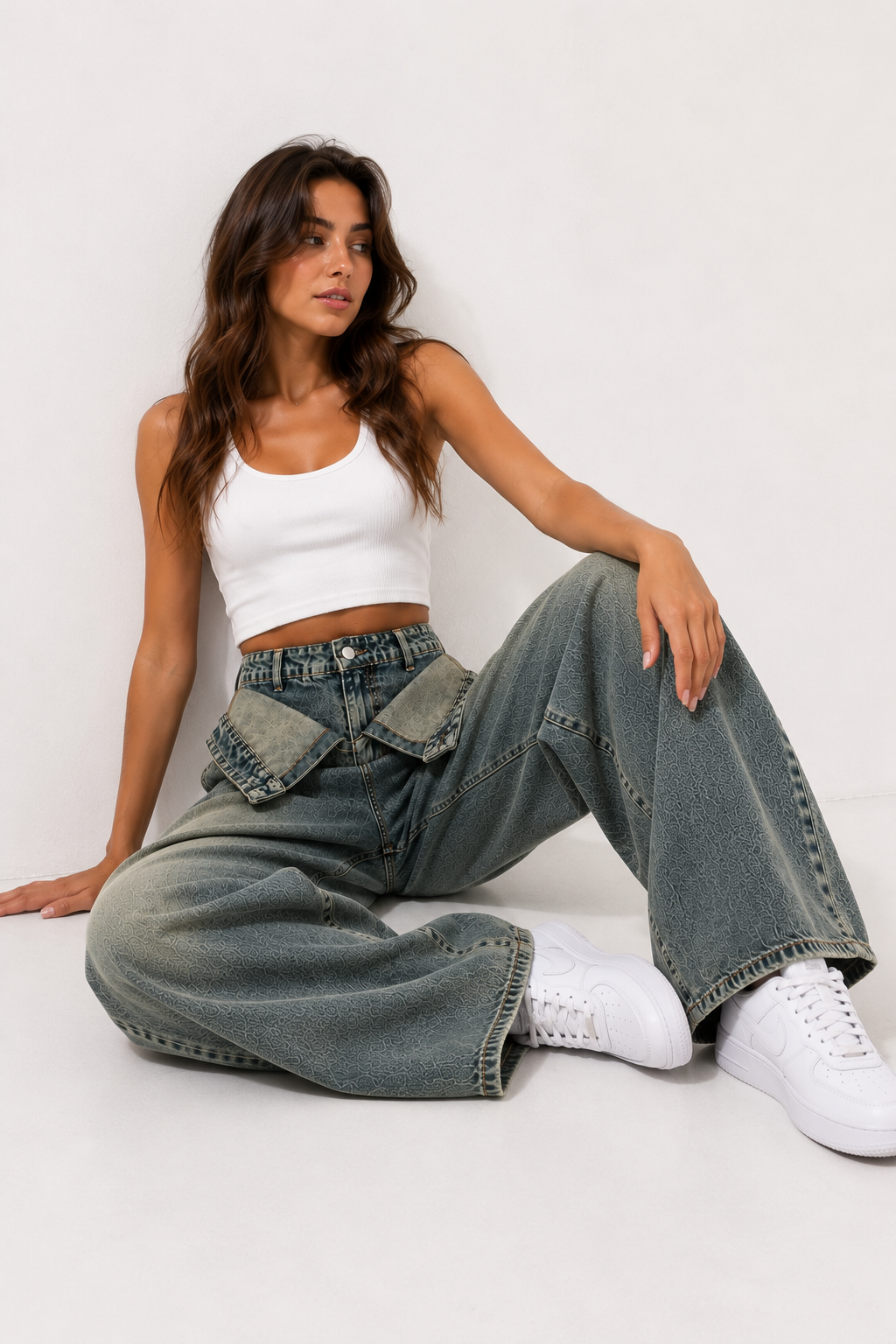 Foldover waist wide leg jeans dirty vintage