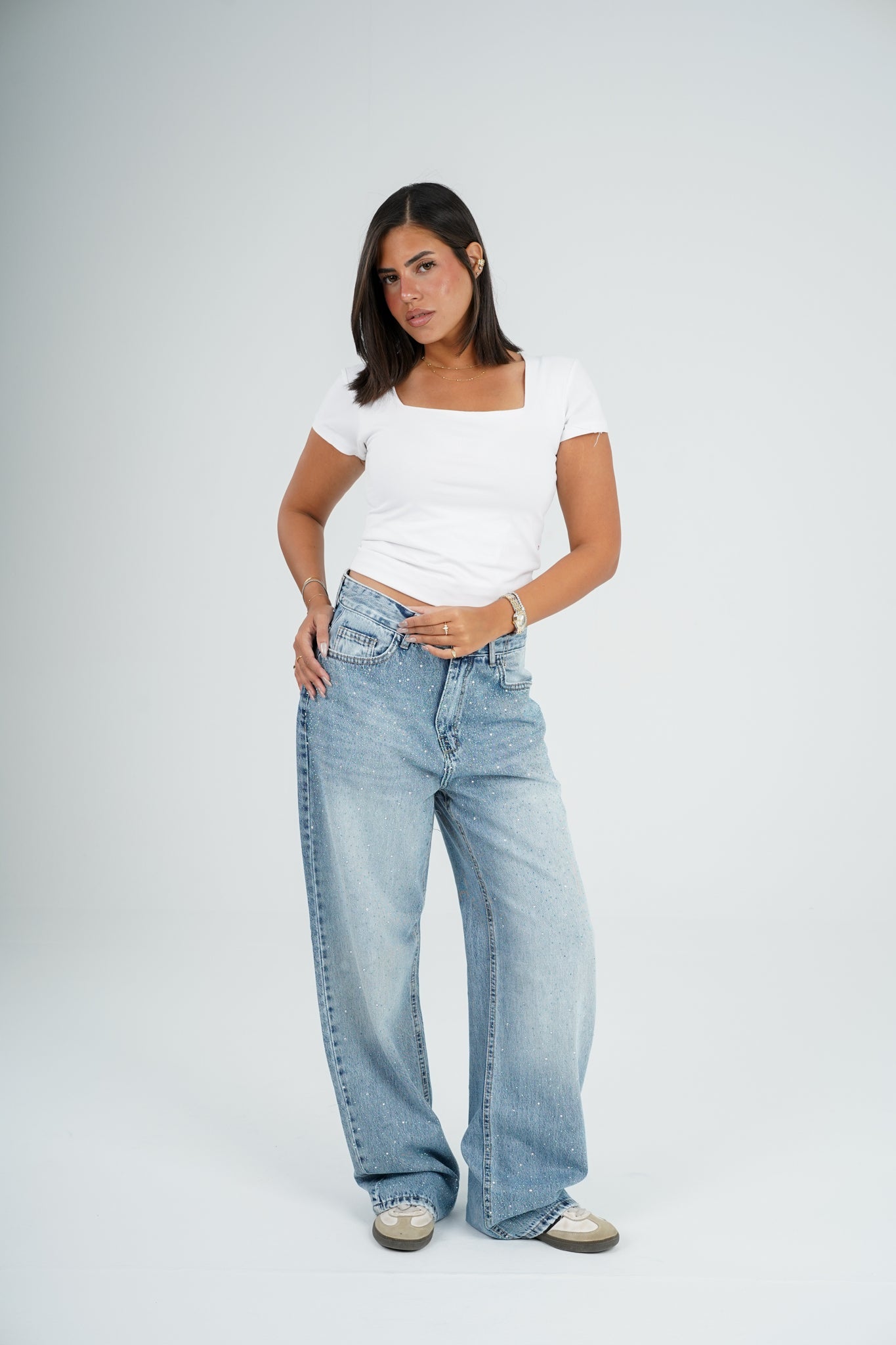 Strass wide leg jeans light blue