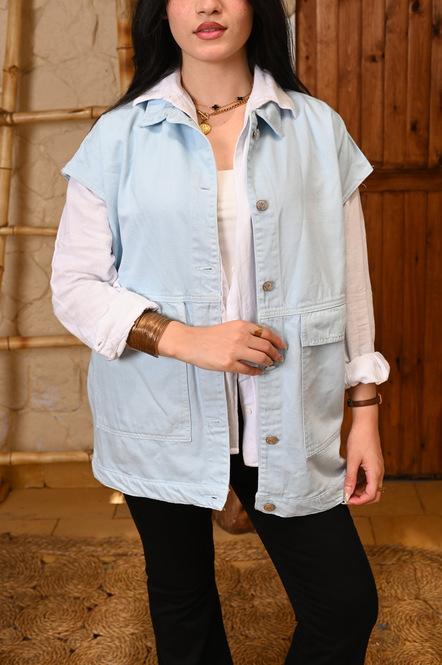Oversized long vest Denim blue