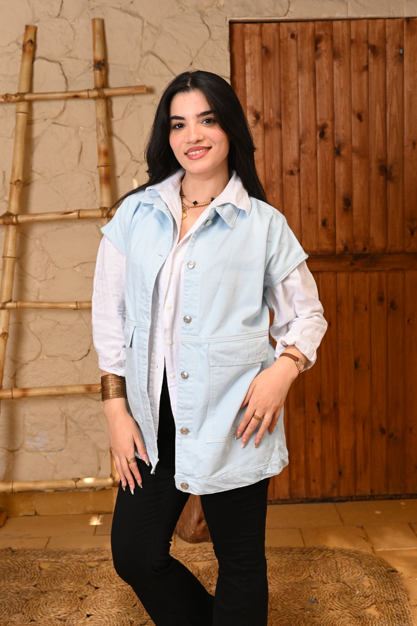 Oversized long vest Denim blue