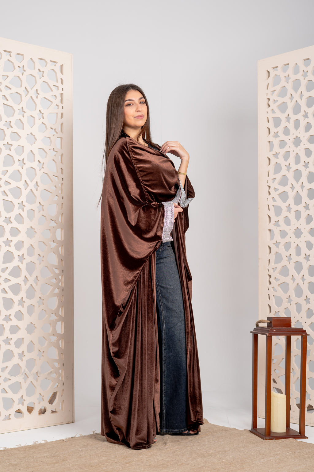 Chocolate Velvet Open Cardigan with Silver Trim & Matching Scarf