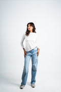 Straight unfinished jeans.