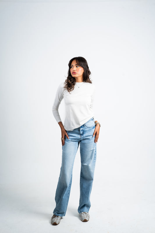 Straight unfinished jeans.