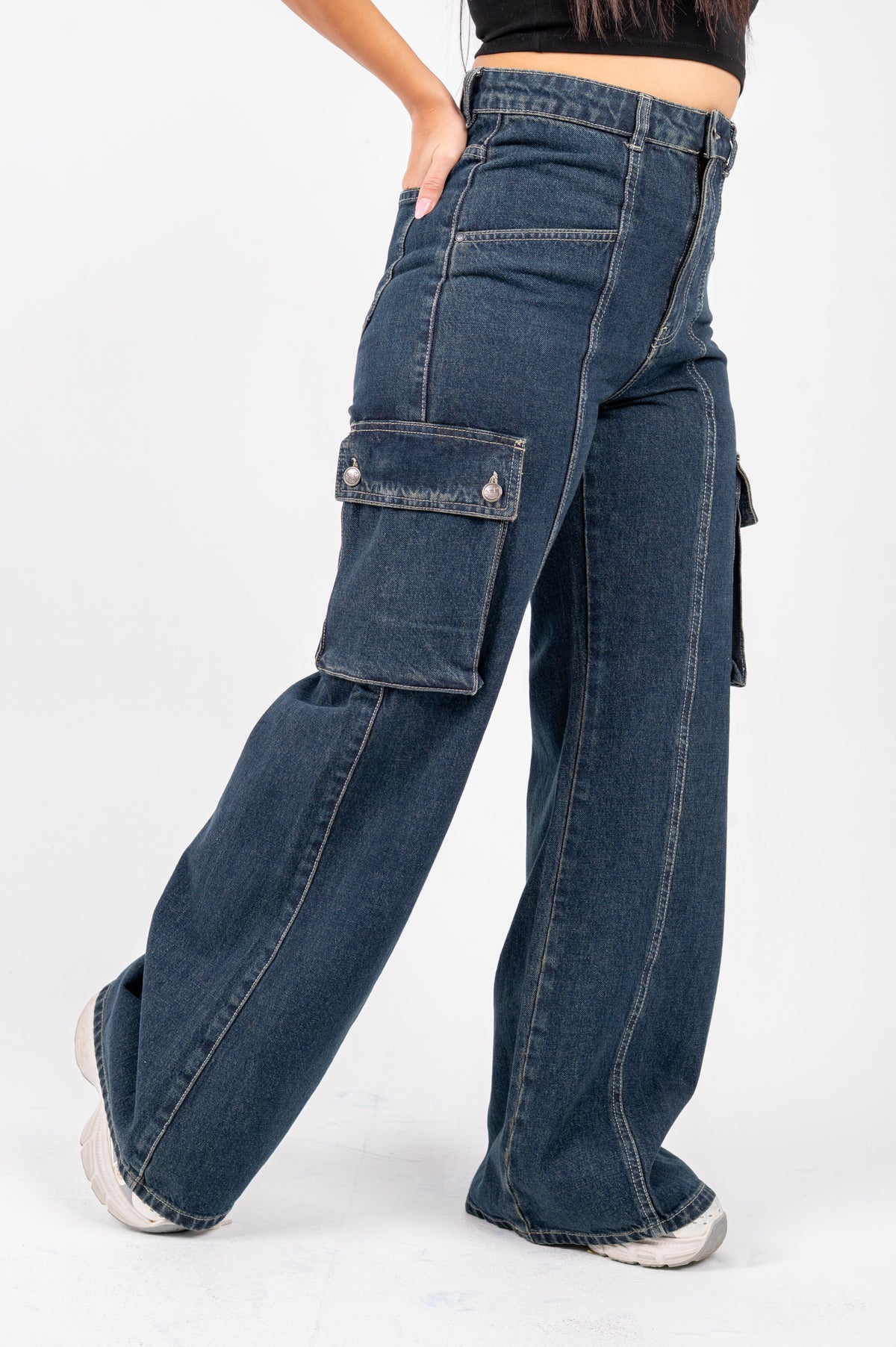 High waist cargo jeans dark blue