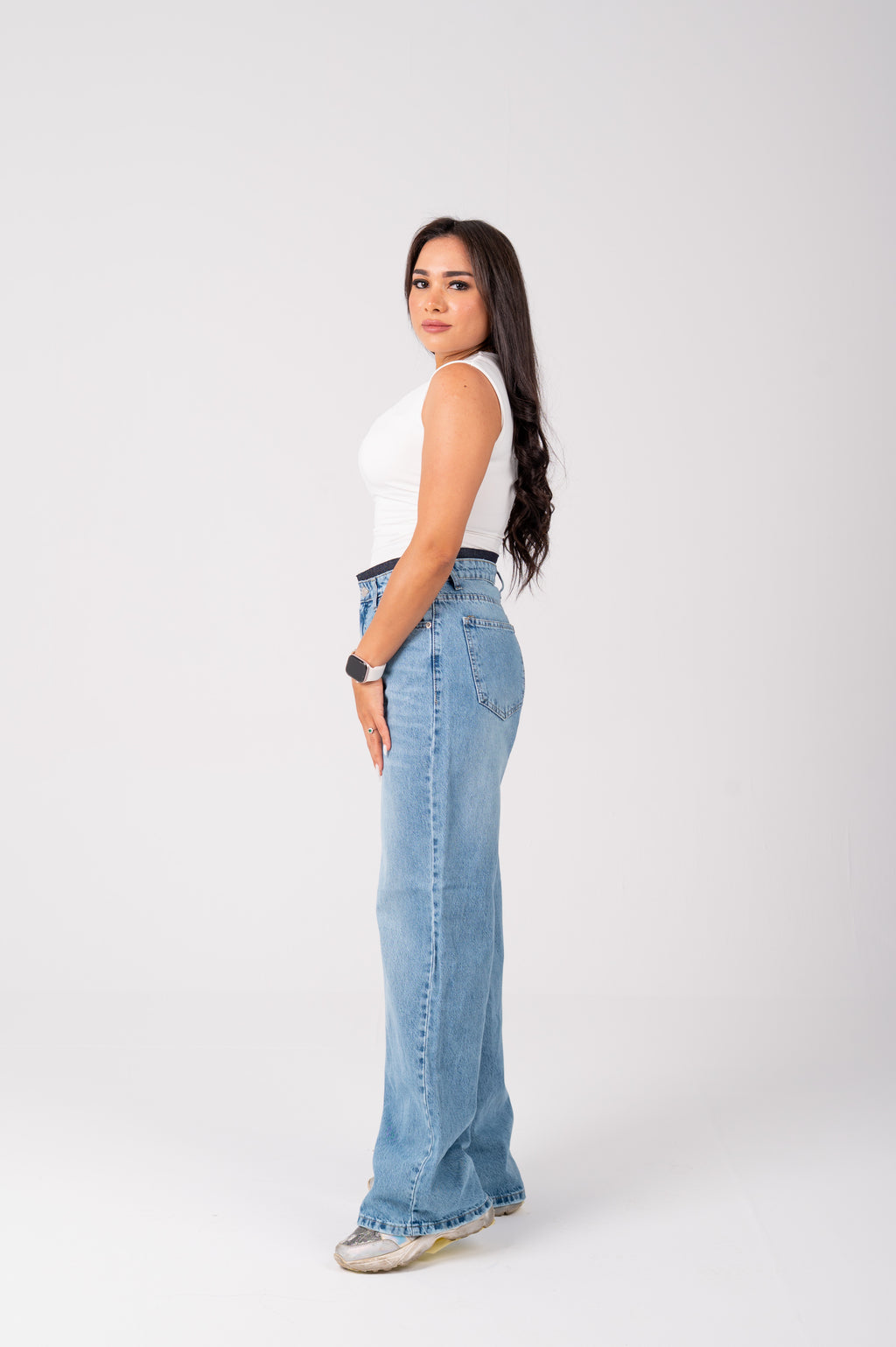 Wide Leg Jeans with Exposed Inner Waistband light blue