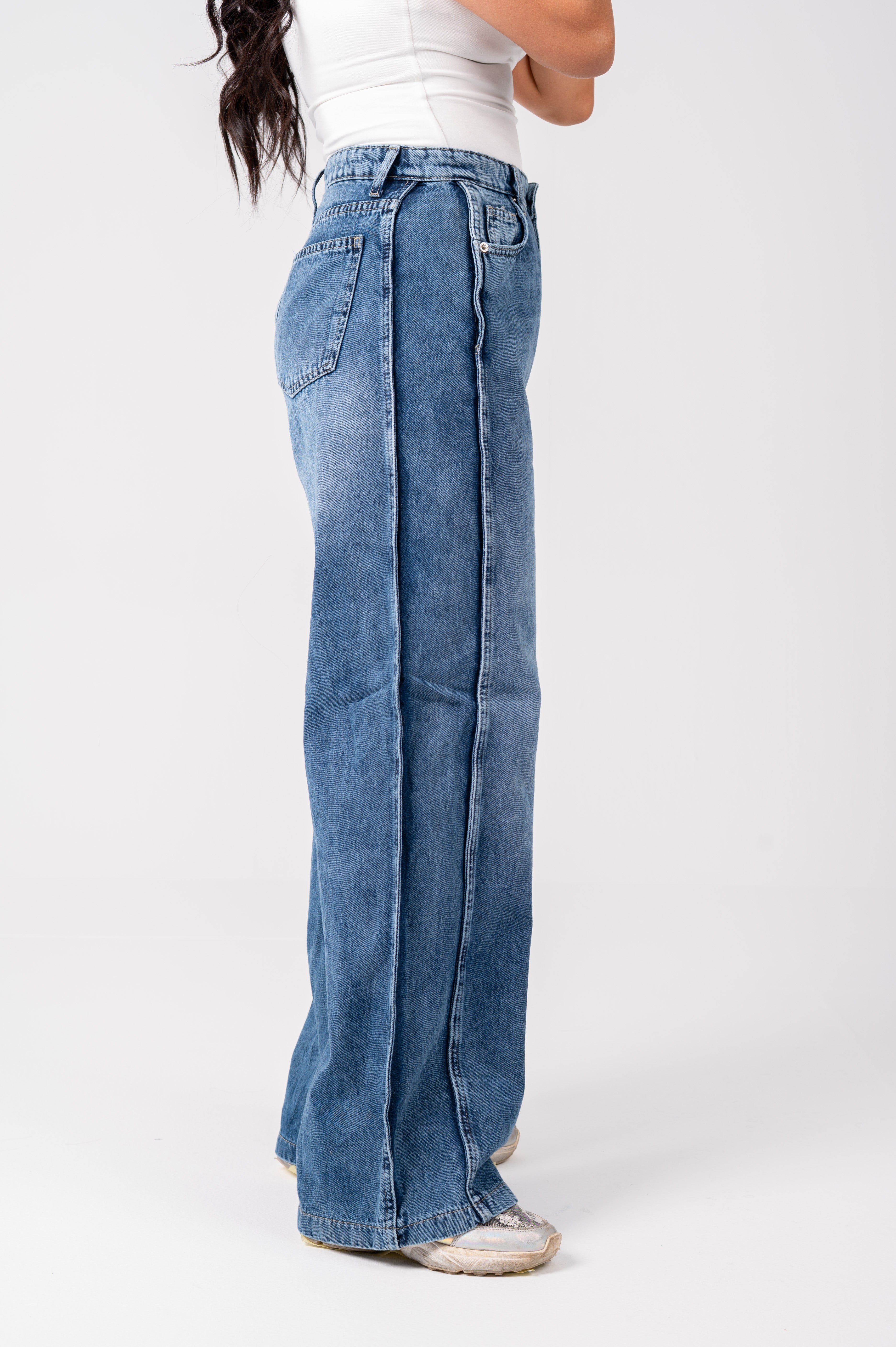 Side panel wide leg jeans dark blue